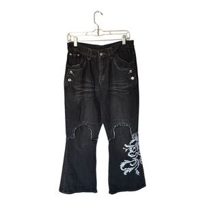 Y2K Black Flare Jeans Gothic Baroque Embroidery Grunge Aesthetic Women's Size 28
